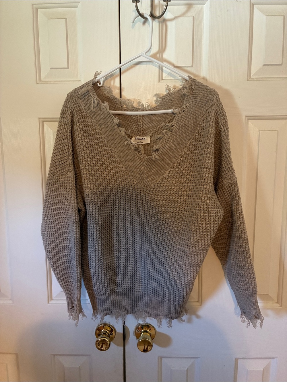Zenana Outfitters Distressed V-Neck Sweater - Taupe